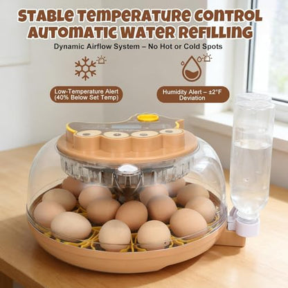 Series III-18 Egg Automatic Incubator with Smart Dual-Bottle Adaptive Humidity & Stable Temp Control, Adjustable Auto Egg Turn, Auto Lockdown, Customizable Incubation Days, Candler(18-Egg-Brown) - size: 18-Egg-Brown