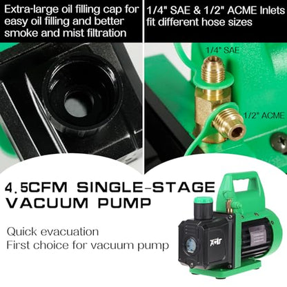 PB Motor Tech 4.5CFM Vacuum Pump with 3-Way Manifold Gauge, Green