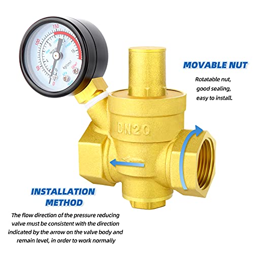 MEANLIN MEASURE 3/4 inch brass Water pressure regulating valve, pressure regulating valve, pressure reducing valve, DN20, with 0-250PSI pressure gauge Yellow - style: 3/4 inch
