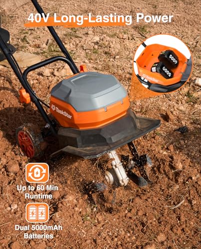 12 Inch Electric Tiller Cultivator, 40V Cordless Tiller for Gardening with 2 * 5.0 Ah Batteries, 8 Inch Depth Rototillers Battery Powered with Adjustable Wheels for Lawn Yard Weeding Soil Cultivation - size: 12"x8"
