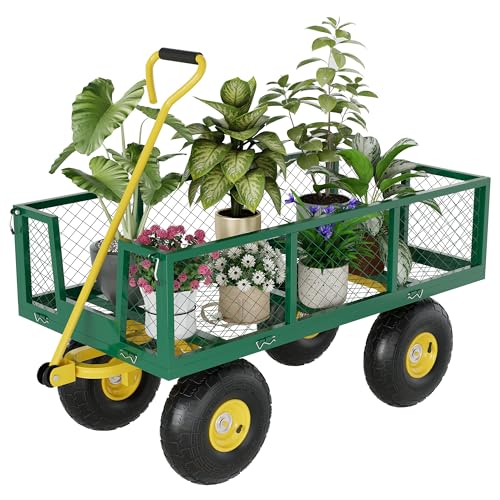 Heavy Duty Steel Garden Wagon Cart - 900 lbs Load - 2-in-1 Outdoor Utility Yard Cart - 10" All-Terrain Wheels - Removable Mesh Sides - 180° Rotating Handle - Collapsible Metal Lawn Trailer - size: 900 lbs