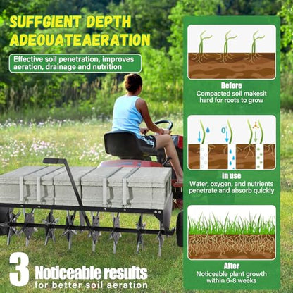 Doniks 52-Inch Tow Behind Lawn Plug Aerator with Universal Hitch, Lawn Aerator Tow Behind with 40 Galvanised Steel Tines,Tray and Inflatable Wheels for Gardens, Lawns, Farms - size: 52inch