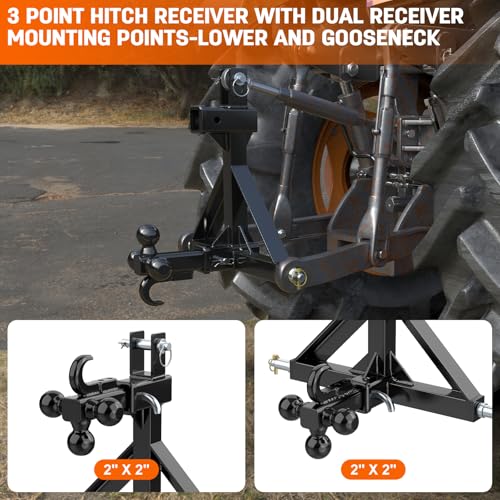 Black 3 Point Hitch Receiver with Dual 2” Receiver Fit Category 1 Tractors