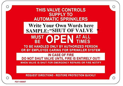 Shut Off Valve - This Valve Controls Supply to Automatic, Fire Sprinkler Sign, 10" x 7" (Aluminium,RED).