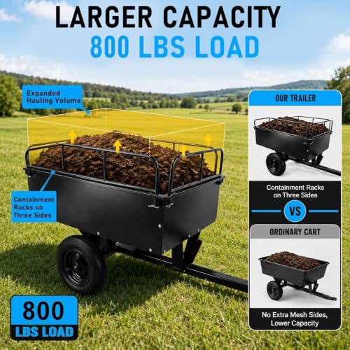 800LBS Steel ATV Dump Trailer, Tow Behind Cart for Lawn Tractor Mower