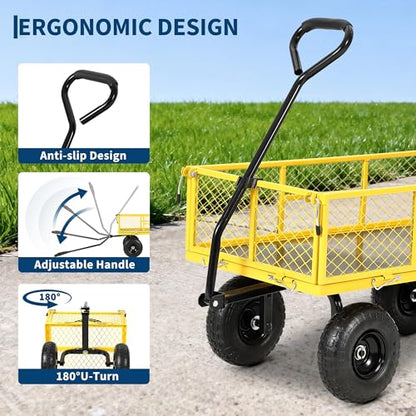 900 Lb Capacity Heavy Duty Steel Garden Cart – 2-in-1 Utility Wagon with Removable Mesh Sides, 10" All-Terrain Tires, Flatbed Conversion, 180° Rotating Handle – Perfect for Lawn, Garden & Backyard - color: Yellow
