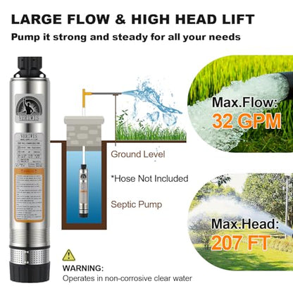 Submersible Well Pump 4" 1HP 115V 32GPM 207FT Head - size: 207FT Head
