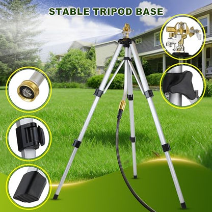 Sprinklers for Yard on Tripod, 2 Pack Heavy Duty 360 Degree Impact Lawn Sprinklers for Yard and Gardens, Adjustable Base with Sprinkler Head Nozzle and 3/4" NH Inlet Hose Connection