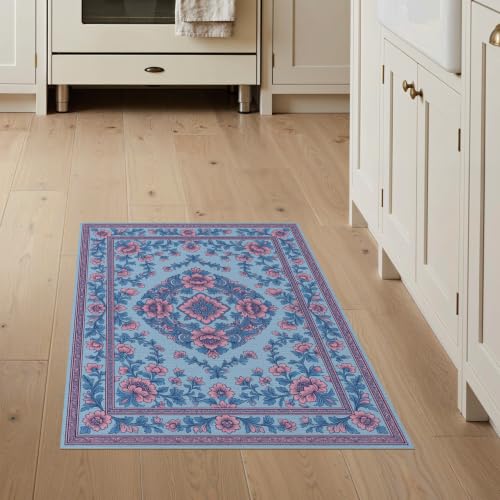 3'x5' Pink Blue Chinoiserie Floral Medallion Washable Throw Rug - color: Blue/Pattern 10, size: 3' x 5' (Rectangular)