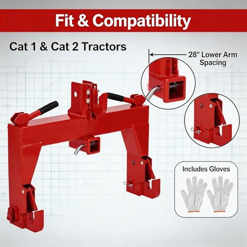 3-Point Quick Hitch for Tractors, 28 in Lower Arm Spacing, 3000 Lb Lift Capacity, 5-Position Adjustable Top Hook, Bolt-on No-Weld/No-Drill Adapter, Heavy-Duty 3x3 Steel, Powder-Coated Red - color: Red with Gloves