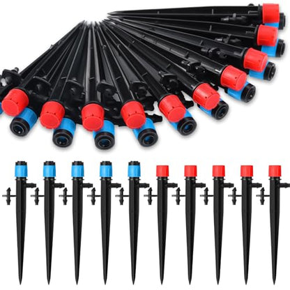 SiliFine 32 Pcs Drip Irrigation Emitters Garden Drip Emitters for 1/4 Inch Tubing Irrigation Drippers Sprayer 360 Degree Water Flow Drippers for Garden Flower Bed(Red and Blue,Double Hook) - style: Double Hook