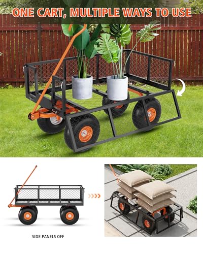 PeakPursuit Steel Garden Cart, 900 LBS Capacity Utility Outdoor Wagon, Heavy Duty Mesh Garden Wagon Cart with Removable Sides and 10" Tires for Yard, Lawn, Garden