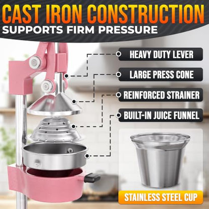 Cast Iron Lemon Squeezer in Pink, Hand Press with 304 Stainless Bowl - color: Pink