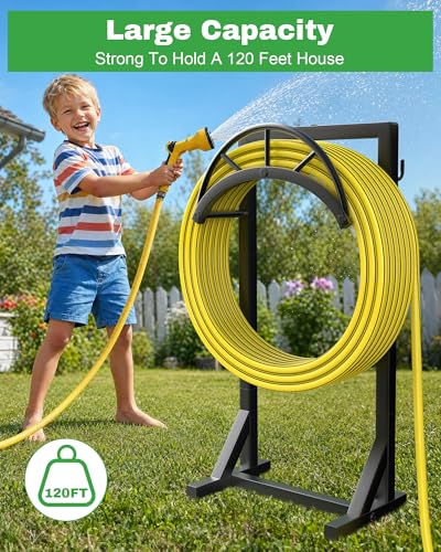 Garden Hose Holder, Metal Water Hose Storage Stand Hanger, Freestanding Water Hose Organizer Rack with 2 Tool Hooks for Outdoor Yards, Farms and Lawns, Black