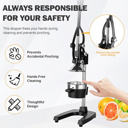 Lemon Squeezer Manual Citrus Juicer Press, Heavy Duty Cast Iron Orange Juicer with Stainless Steel Cone, Commercial Lever Juice Press for Lemon, Lime & Citrus Fruits, Easy to Clean - color: Black
