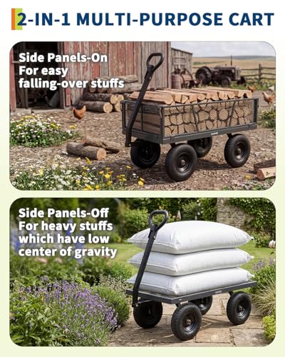 1200LBS Heavy Duty Steel Garden Cart – 13" All-Terrain Tires – Removable Mesh Sides – 180° Rotating Handle – Utility Wagon for Lawn, Yard, Farm, Outdoor Gardening - color: Gray