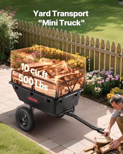 VEVOR 500Lbs 10 Cu.Ft. ATV UTV Trailer Tow Behind Dump Cart, Heavy Duty Pull Behind Utility Dump Trailer for Lawn Mower Trailer Tractor Garden Yard with 16in Tires - color: Black01