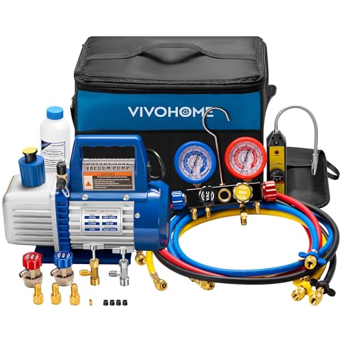 VIVOHOME Upgraded 1/3 HP 4 CFM 1 Stage AC Vacuum Pump and 4 Way Gauge Set | HVAC Vacuum Pump Kit with Leak Detector 5ft Hoses for R134a R410a R12 R22 R502 Car Automotive Mini Split AC Systems - color: blue, size: 4CFM
