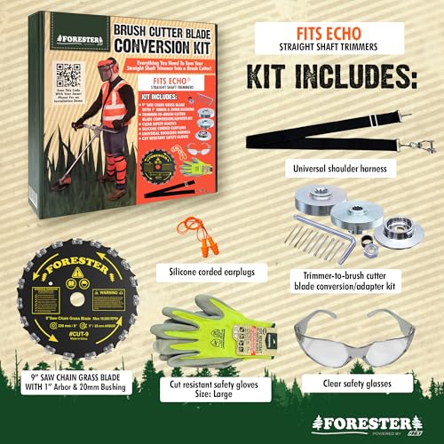 FORESTER Brush Cutter Trimmer Conversion Kit with Cut-9, Includes Safety Glasses, Earplugs, Gloves, Harness, Compatible with Echo Models SRM-225, SRM-225i, SRM-266, SRM-280, SRM-280S, and SRM-280T - size: 9" (20 Tooth), style: Echo Conversion Kit