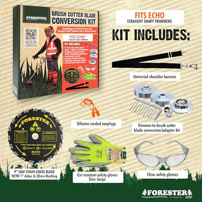 FORESTER Brush Cutter Trimmer Conversion Kit with Cut-9, Includes Safety Glasses, Earplugs, Gloves, Harness, Compatible with Echo Models SRM-225, SRM-225i, SRM-266, SRM-280, SRM-280S, and SRM-280T - size: 9" (20 Tooth), style: Echo Conversion Kit