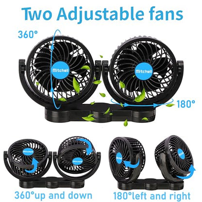 Alagoo 12V Car Fan, Adjustable 4 Inches Dual Head Car Clip Fan for Front/Rear Seat Passenger, 360° Rotatable Cars Fans with Stepless Speed Regulation for Car/Vehicle SUV, RV - color: Cigarette Dual Fan - Clip