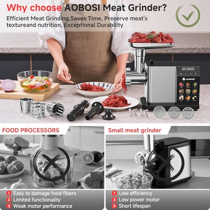 AAOBOSI Multifunctional Digital Meat Grinder Electric 3000W Max - color: Stainless Steel