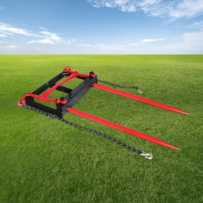 Dual Prong 43" Hay Bale Spear Attachment, Front Skid Steer Tractor Loader Bucket Attachment Conus 2 Tines, Chains and Ratchet Binders Included