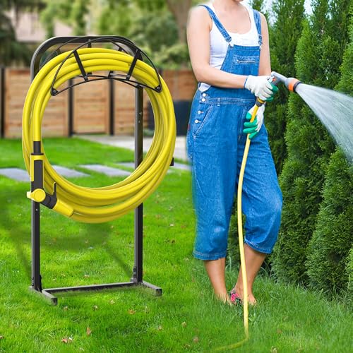 Suchek Garden Hose Holder, Upgraded 4 Spikes Water Hose Holder, Heavy Duty Hose Stand Holds 150ft Hose, Freestanding Hose Hanger, Hose Storage Organizer for Outside Yard Lawn (Black)