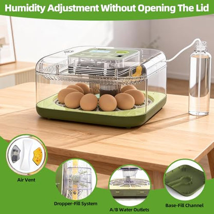 12 Egg Incubator for Hatching Eggs with Automatic Turning, Temperature & Humidity Display, Egg Candler, and Hatch Day Alert - Ideal for Chicken, Duck, and Quail Eggs