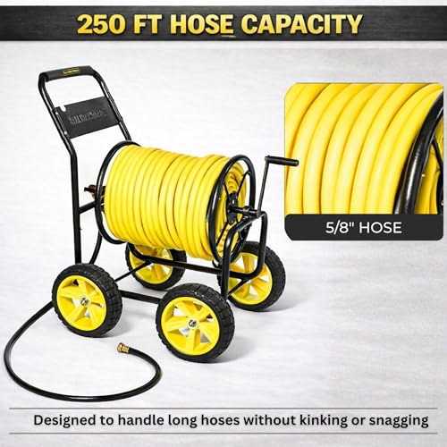 Garden Hose Reel Cart, Heavy Duty Hose Reel with Wheels, Outdoor Water Hose Reel for Backyard, Garden, or Lawn, Metal Hose Carts (250ft Hose Capacity) - size: 250ft Hose Capacity