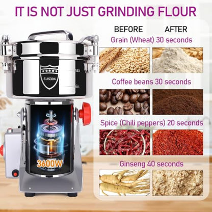 2000g Grain Mill, 304 Stainless Steel Spice Grinder, 3600W High-speed Commercial Flour Mill, Superfine Flour Mill Grinder for Home, Grain Mill for Flour - size: 2000g