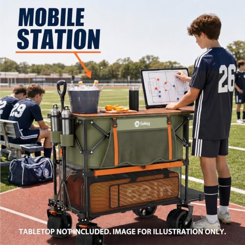 Sekey Double Decker Wagon, 500LBS Heavy Duty Collapsible Utility Cart with 400L Capacity & Extended Lower Shelf, Fits 10x10 Canopy, Foldable Garden Wagon with Big Wheels & Brakes for Sports & Beach - color: Army Green
