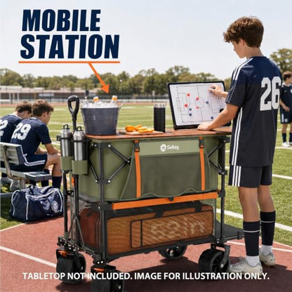 Sekey Double Decker Wagon, 500LBS Heavy Duty Collapsible Utility Cart with 400L Capacity & Extended Lower Shelf, Fits 10x10 Canopy, Foldable Garden Wagon with Big Wheels & Brakes for Sports & Beach - color: Army Green