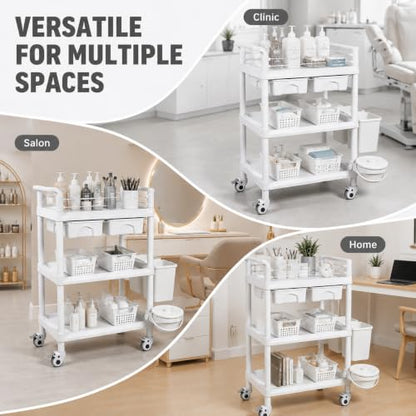 3 Tier Storage Cart with Dual Drawers, ABS Bins and PU Casters