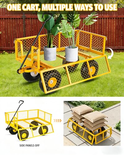 Garvee Steel Garden Cart, 500 LBS Capacity Utility Outdoor Wagon, Heavy Duty Mesh Garden Metal Wagon with Removable Sides, Flexible Handle for Yard, Lawn, Garden