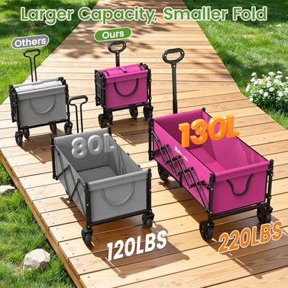 Blomoba 35" Extra Long Folding Wagon with Adjustable Handle & Wheels, Pink - color: Pink