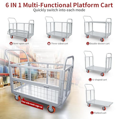 YITAMOTOR 2000lbs Platform Truck Cart w/Cage, 6-in-1 Foldable Flatbed Cart