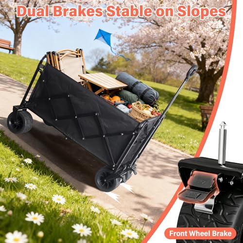 Collapsible Wagon Cart with All-Terrain Wheels - Folding Utility 600LBS Heavy Duty Wagons Carts for Grocery Sports Garden Shopping Camping Fishing (Black, 220L) - size: 600LBS