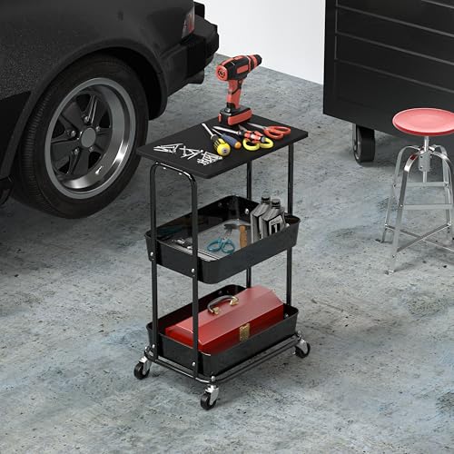 Simple Houseware 2-Tier Rolling Utility Cart Wood Top/Lockable Wheel, Black - color: Black