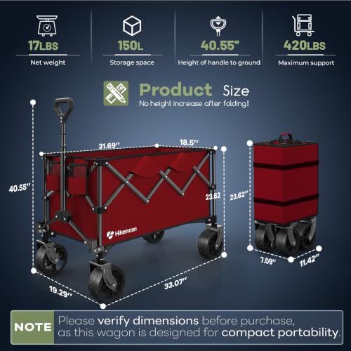 HIKEMOON 150L Collapsible Wagon Compact with Big Wheels, 420LBS Red - color: Burgundy