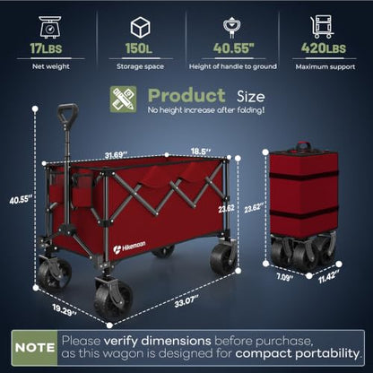HIKEMOON 150L Collapsible Wagon Compact with Big Wheels, 420LBS Red - color: Burgundy