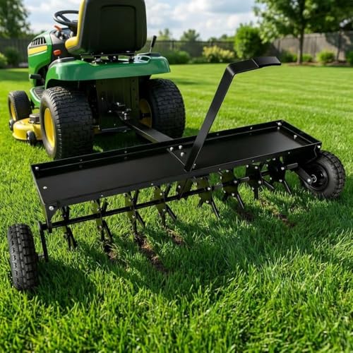 48-Inch Heavy Duty Tow Behind Plug Aerator - Universal Hitch for Lawn Tractors & ATVs, 3-Inch Deep Aeration with 150lb Weight Tray for Lawn, Farm, Garden and Yard Care