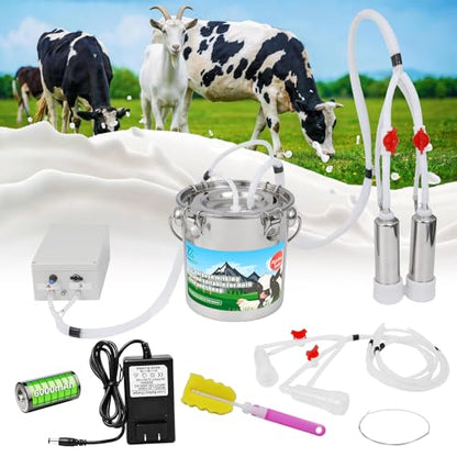 2-in-1 Upgrade 1.3Gal/5L Portable Electric Milker, Milking Machine for Cows and Goats with Food-Grade Stainless Steel Bucket, 4 Teat Cups and Pulsation Vacuum System for Farm, Ranch and Home Dairy Use - size: 5L Two-in-One Milking Machine