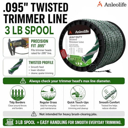 Anleolife .095" 3-Layer Twisted String Trimmer Line for Weeds, 1181ft 3 lb - color: 3-lb Twisted .095