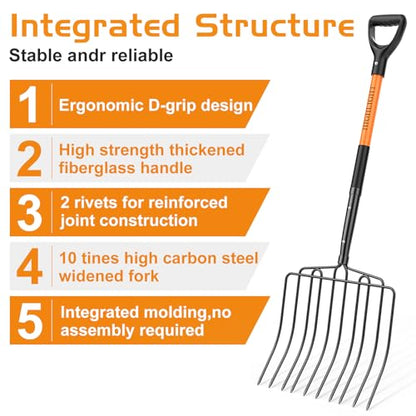 HIGHLIGHT Pitch Fork Pitchfork,10-Tine Wide 45Inch Fiberglass Manure Fork