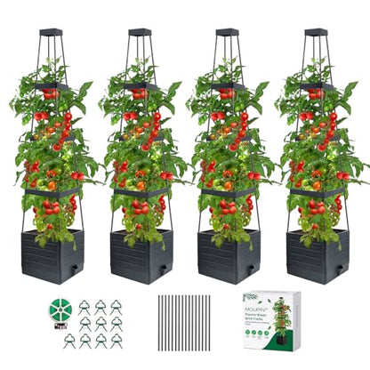 MQUPIN Tomato Planter Box with Trellis for Garden, 57 Inch Self-Watering Raised Garden Bed, Patio Tomato Cage for Climbing Vegetables & Flowers, Upgraded Tomato Pot for Indoor Outdoor Use (4 Pack)