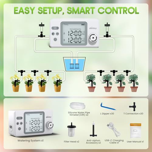 Automatic Watering System Dual Pump for Indoor Plants, Built-in Rechargeable Battery, Two Independent Water Zones, Worry-Free Vacation Drip Irrigation Kit, Water-Saving Smart Plant Waterer, White - color: White