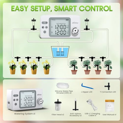 Automatic Watering System Dual Pump for Indoor Plants, Built-in Rechargeable Battery, Two Independent Water Zones, Worry-Free Vacation Drip Irrigation Kit, Water-Saving Smart Plant Waterer, White - color: White