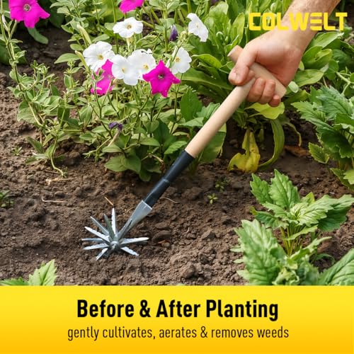 Colwelt Manual Rotary Cultivator, Single-Tine Aluminum Cultivators for Gardening, Garden Hand Tiller Manual with Ergo Wooden t-Handle, Hand Held Cultivator Tool For Flower Beds Cultivate, Aerate, Weed