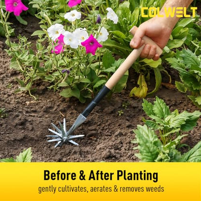Colwelt Manual Rotary Cultivator, Single-Tine Aluminum Cultivators for Gardening, Garden Hand Tiller Manual with Ergo Wooden t-Handle, Hand Held Cultivator Tool For Flower Beds Cultivate, Aerate, Weed